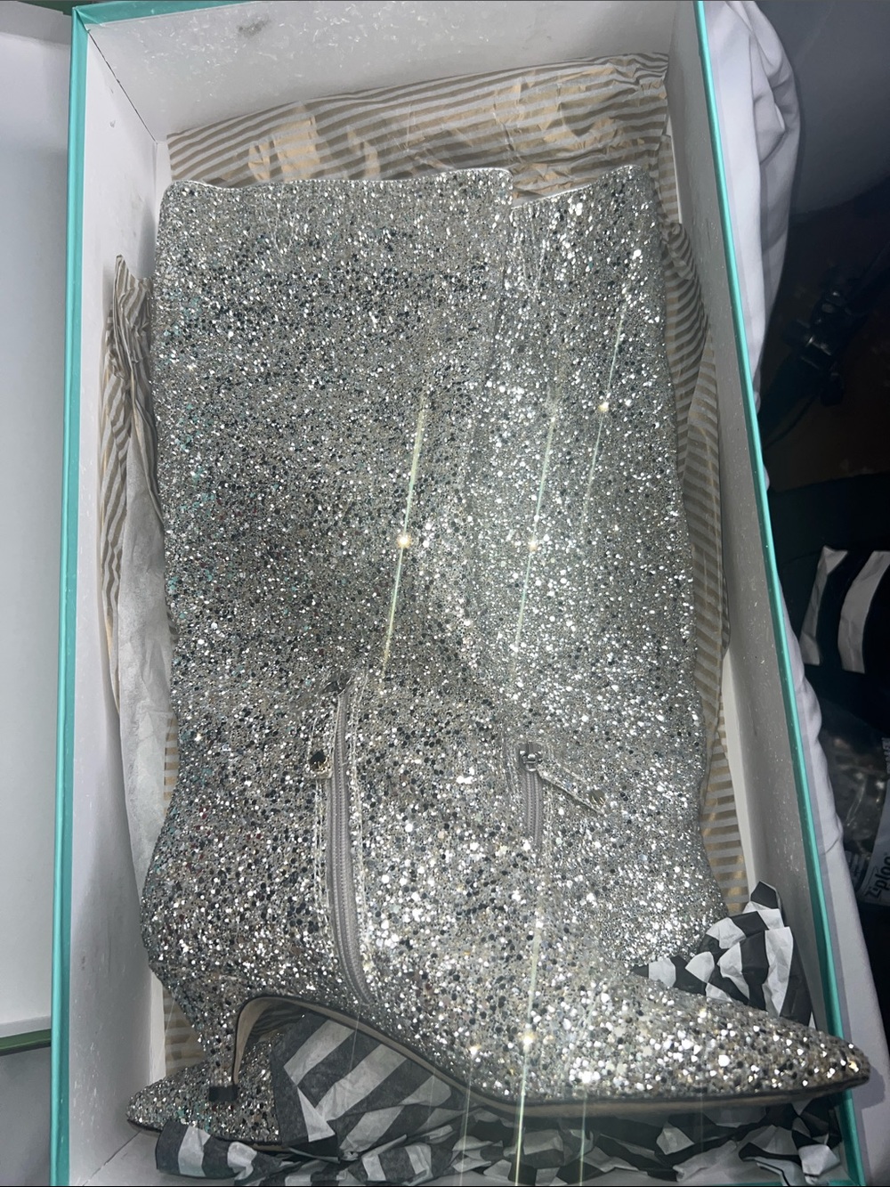 Kate Spade Olina Silver Glitter Tall Boots Kitten Heels In Box 8.5 - Picture 4 of 17